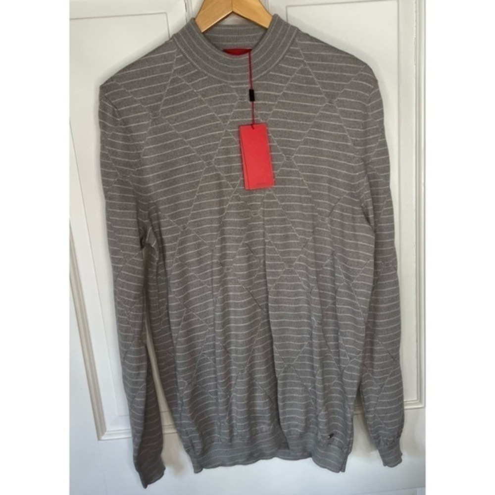 HUGO Hugo Boss Men’s Sfino Gray Virgin Wool Diamond Striped Pullover Sweater NWT - Picture 3 of 8